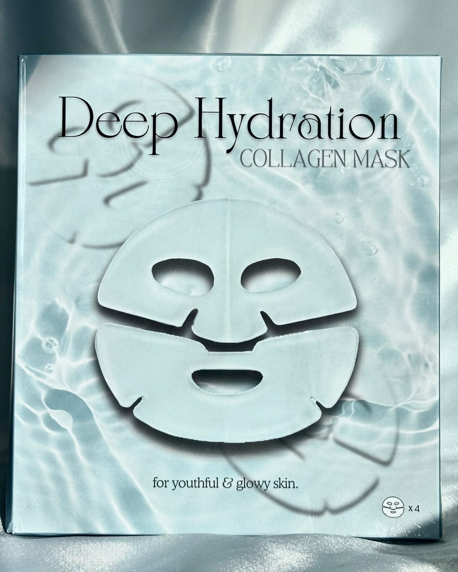 Collagen mask packaging labeled 'Deep Hydration' on a textured silver background