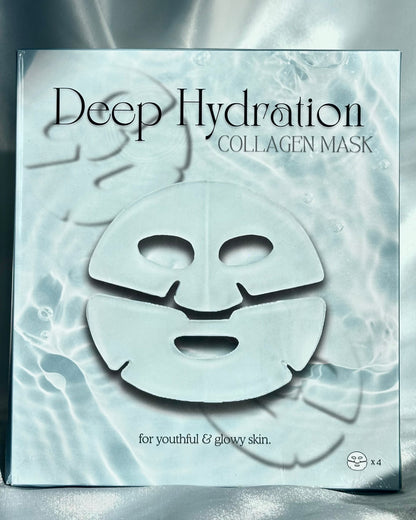 Collagen mask packaging labeled 'Deep Hydration' on a textured silver background